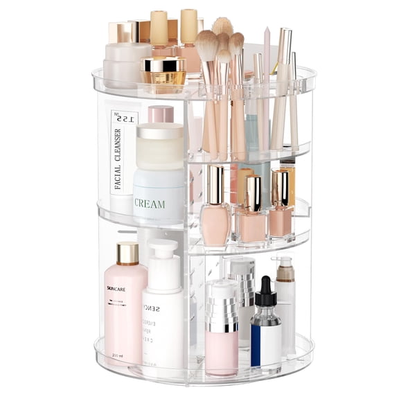 Clear 360° Rotating Makeup Organizer - Adjustable Height Spinning Storage for Vanity and Countertop