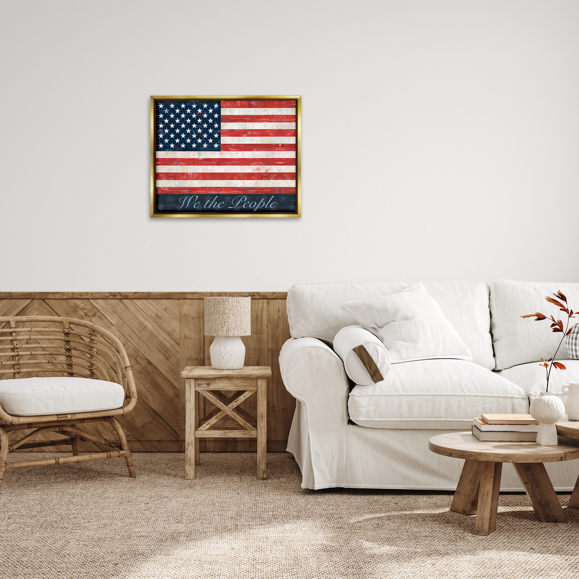 Stupell Industries We The People Flag Typography Painting Gold Floater Framed Canvas Art Print Wall Art, 31 x 25
