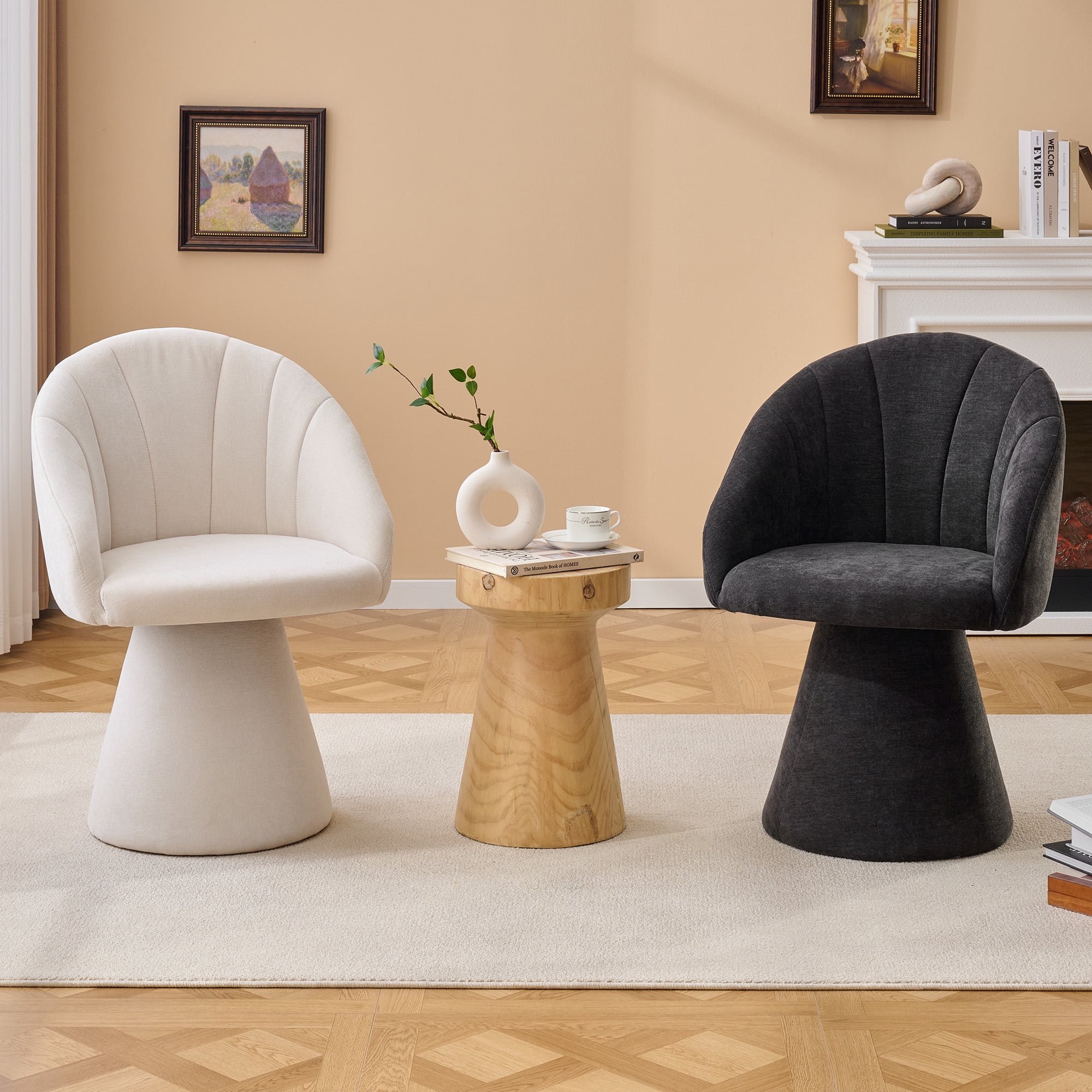 Swivel Accent Armchair with Chenille Fabric, Comfy Vanity Chair with Curved Backrest, Upholstered Dining Chair for Living Room, 360° Swivel, Gray