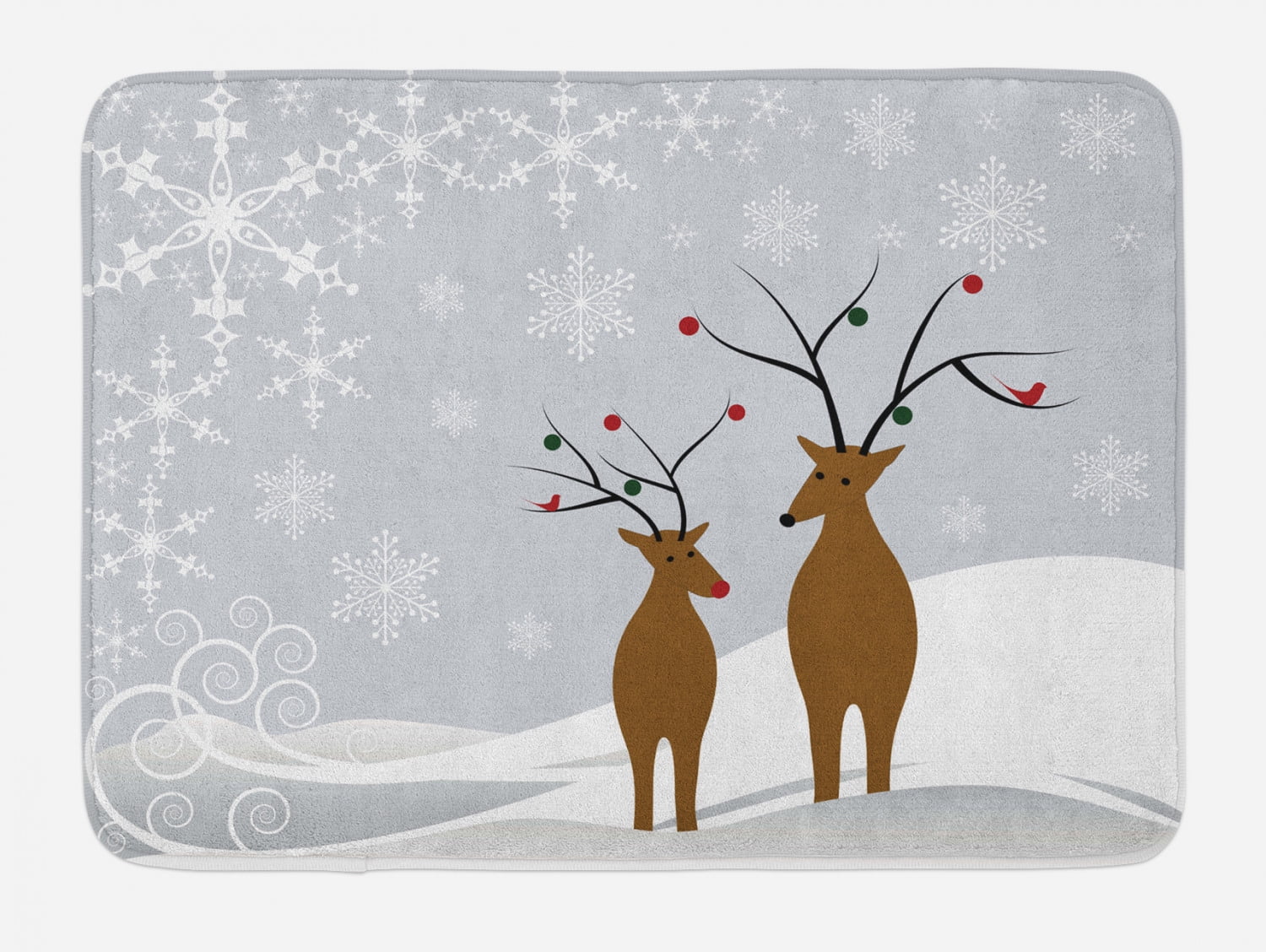Christmas Bath Mat, Cute Reindeers at Noel Time Yule with Snowflakes in