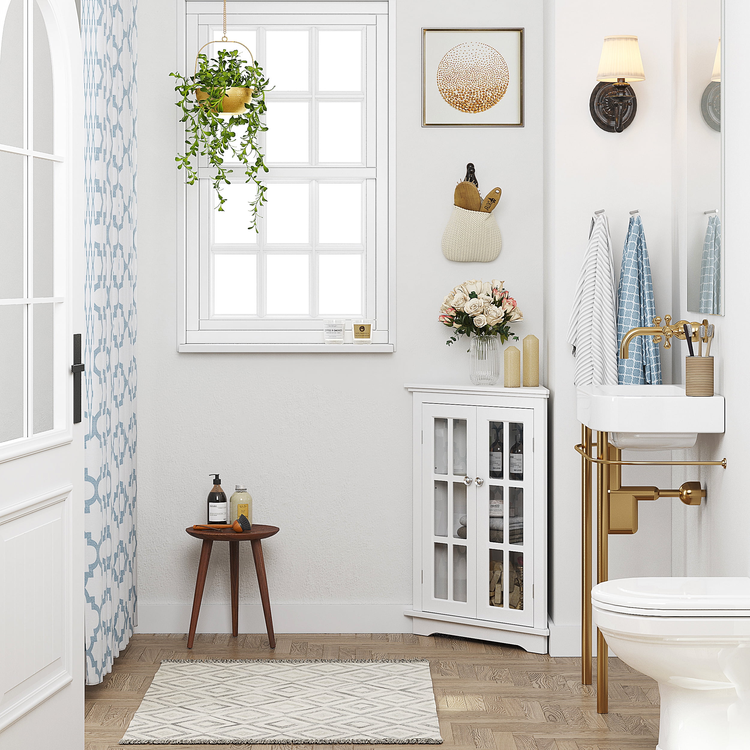 Spirich home tall corner cabinet with 2 doors and online 3 tier shelves