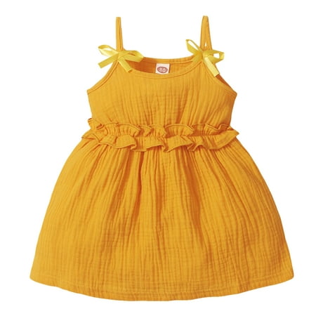

Kucnuzki Infant Baby Girl Clothes 3T Summer Dress 4T Sling Solid Color Upper Shirred Waist Ruffled Skirt Layer Sweet Dress Yellow