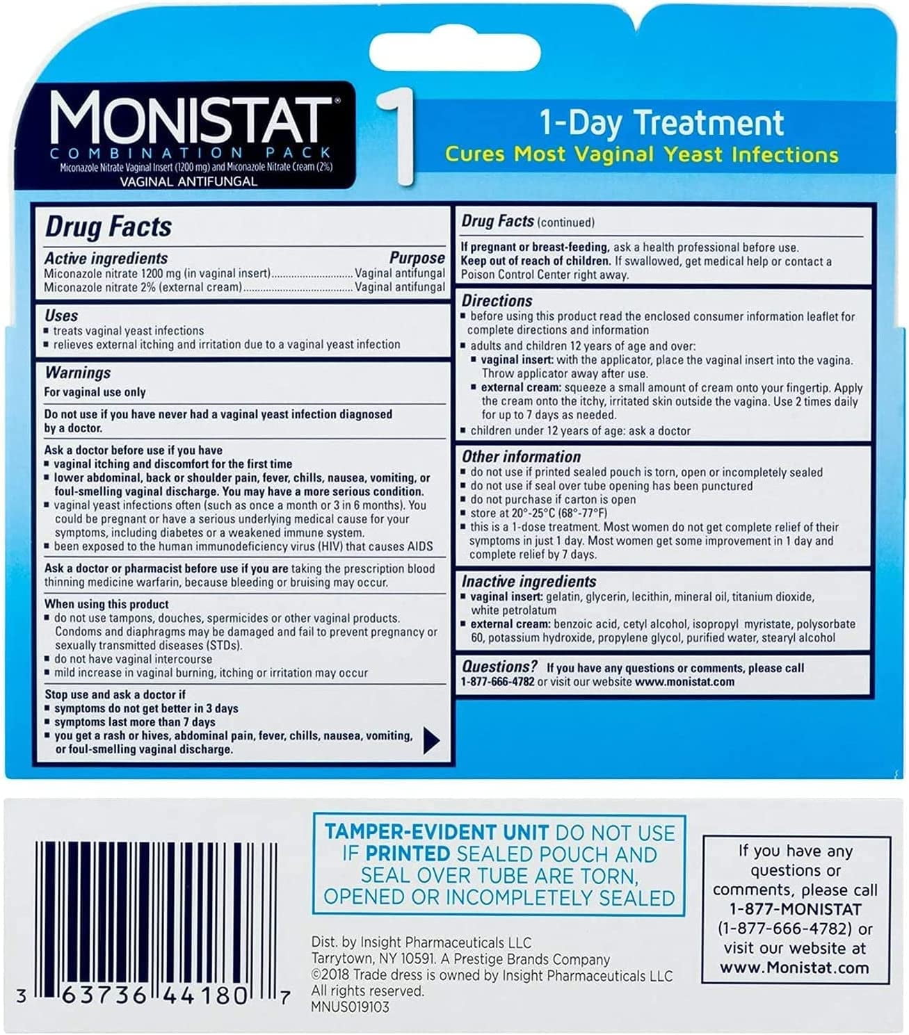 MONISTAT 1-Day Treatment Combination Pack (1 Ovule insert, 1 Contoured disposable applicator, 1 Tube of external itch relief cream)