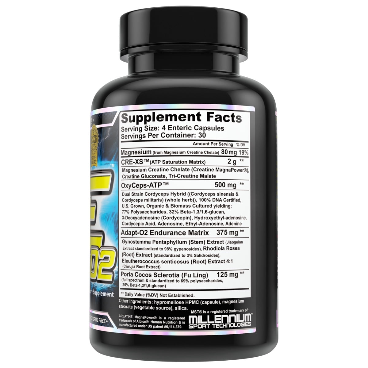 CRE O2, Enteric Coated Stomach Stable Delivery Creatine + Cordyceps + Rhodiola + Jiaogulan from MST, BSCG Certified, 120 Enteric Coated Veggie Caps, Suitable for Women & Men
