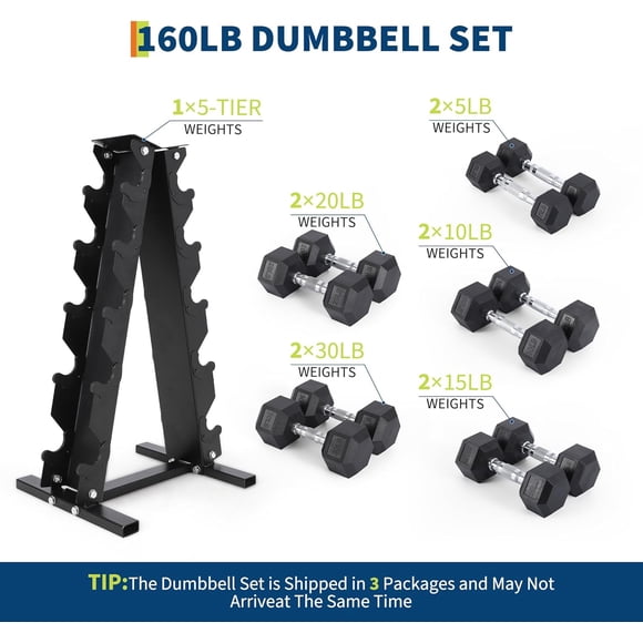 Ourlova Dumbbell Weights Set with Rack - 5LBS, 10LBS, 15LBS, 20LBS, and 30LBS Rubber Coated Hex Dumbbells for Home Gym Training