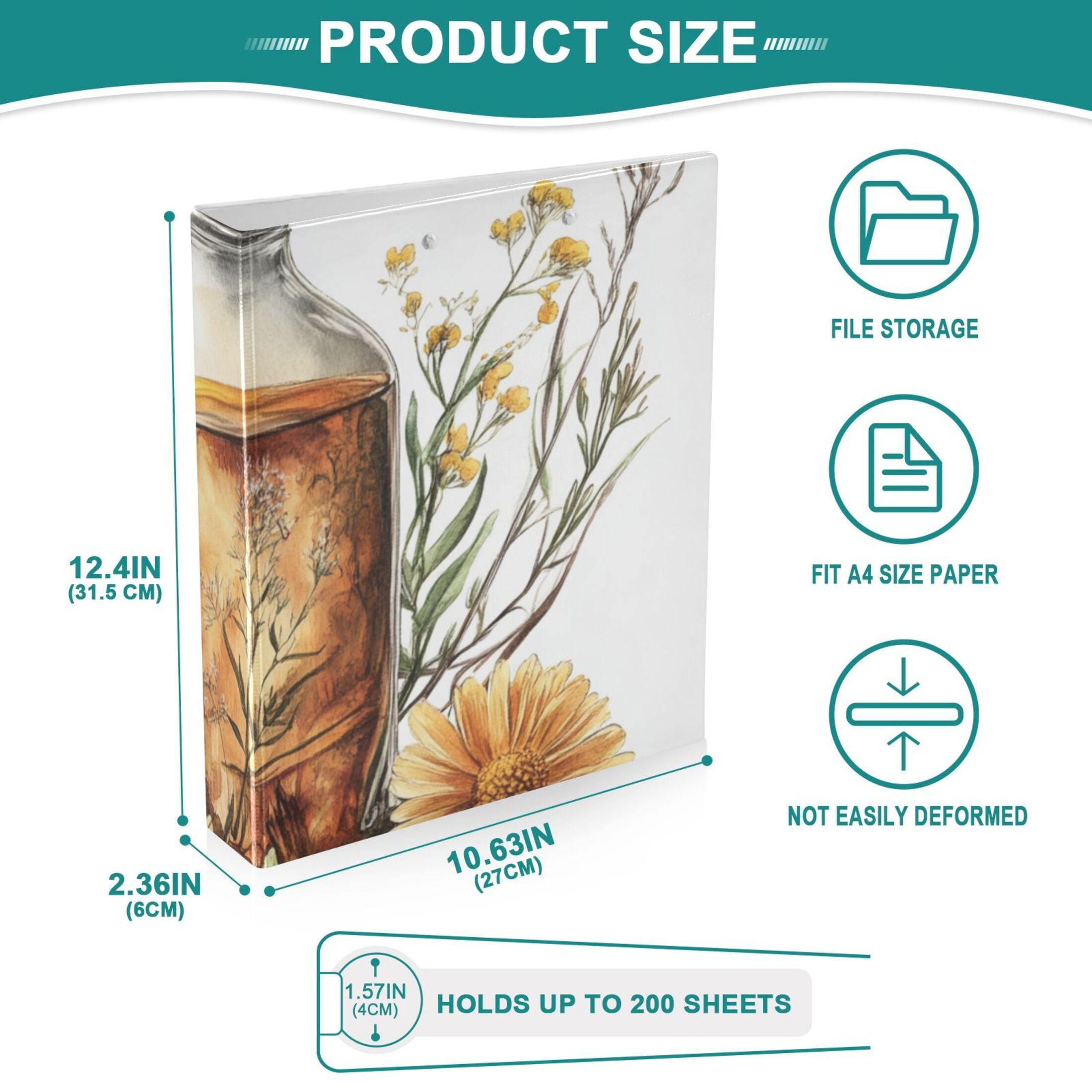 Drink with Flowers Herbs 3 Ring Binders 1.5 inch Hardcover File Folders with Interior Pockets A4 Size Organizer for School Office Hospital
