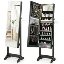 Gymax Standing Jewelry Cabinet Full Length Mirror Lockable w/ 3-Color LED Lights Black