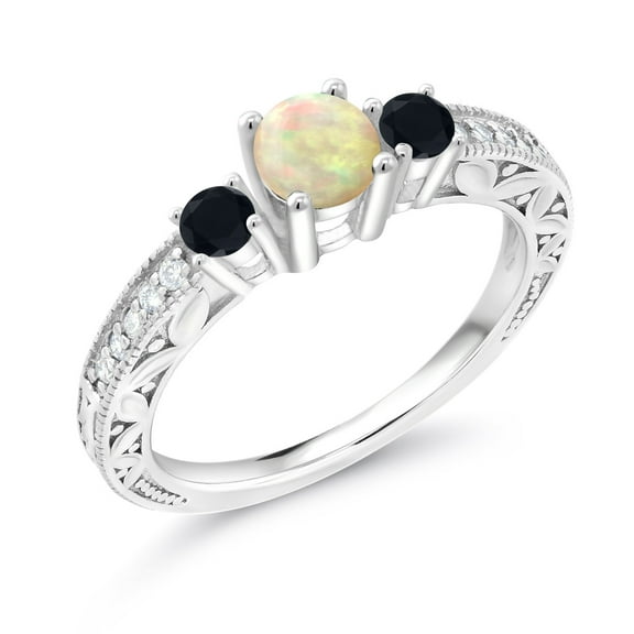 Gem Stone King 0.63 Ct Round Cabochon White Ethiopian Opal Black Onyx 925 Sterling Silver Ring (Size 8)