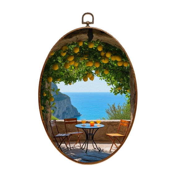 Mediterranean Canvas Wall Art Lemon Tree Overlooking Scenic Ocean View Outdoor Seating Oval Framed Canvas Prints Vintage Wall Hanging Decor for Home Decorations 8.6"x11.4"
