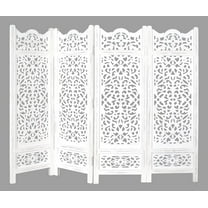Room Divider Wood Screen Panel – Antique White, 4-Panel Folding 64"x48", Hand-Carved, Reversible Privacy Partition, Decorative & Functional Portable Room Divider for Home or Office