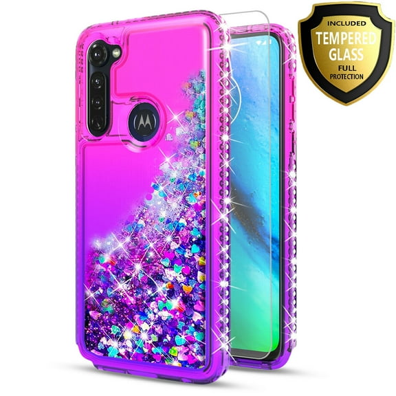Motorola Moto G Stylus 2020 Case, with [Tempered Glass Protector Included] Liquid Floating Glitter Quicksand Bling with Spot Diamond Cover - Pink/Purple