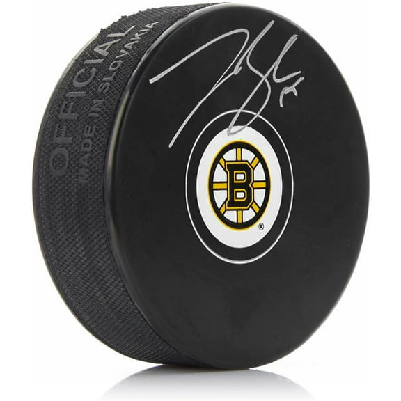 Johnny Beecher Autographed Boston Bruins Hockey Logo Puck