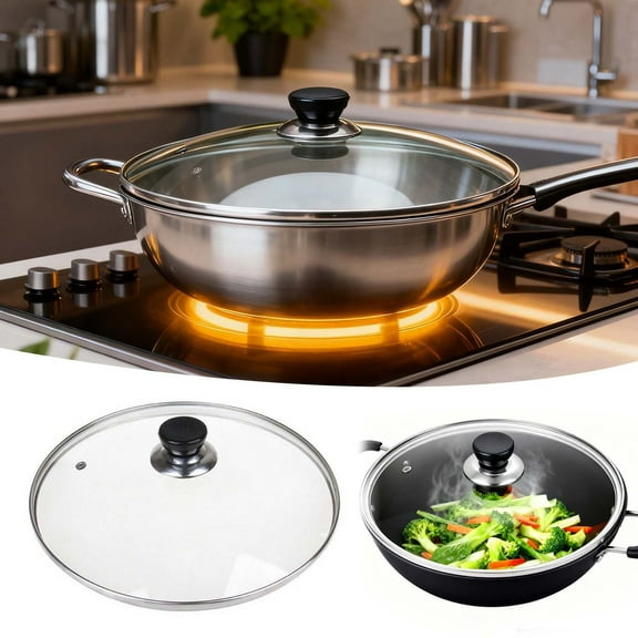 YaoZQ Universal Glass Pot Lid, Heat Resistant Pan Cover with Steam Vent, Stainless Steel Rim Replacement, White Knob, 8.3 inch