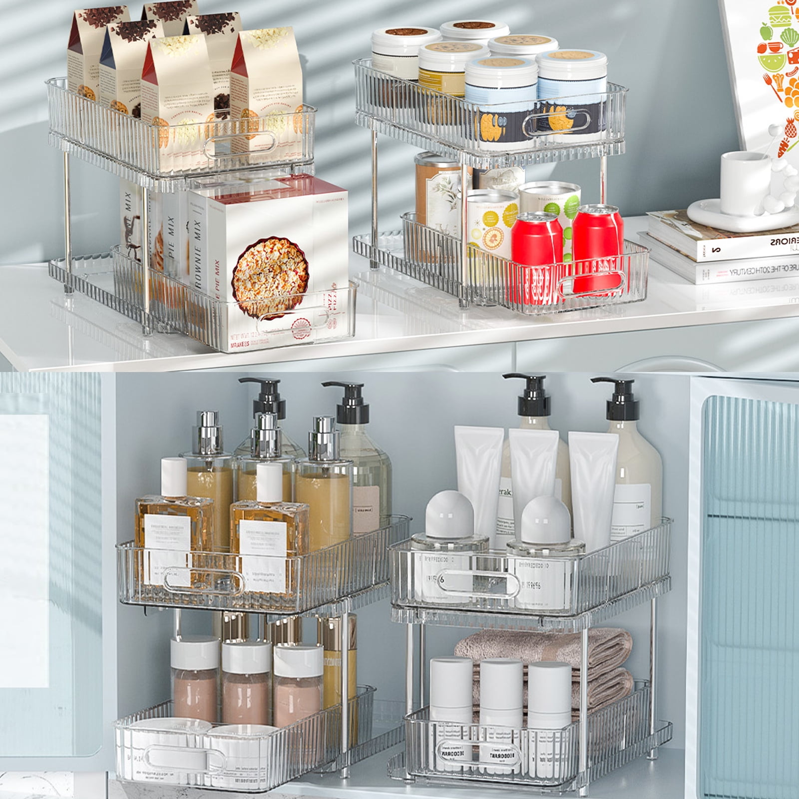 Kisportee 2 Pack Pull Out Bathroom Under Sink Organizers and Storage, 2 Tier Stackable Kitchen Pantry Organization, Medicine Cabinet Organizer with Movable Dividers, Clear