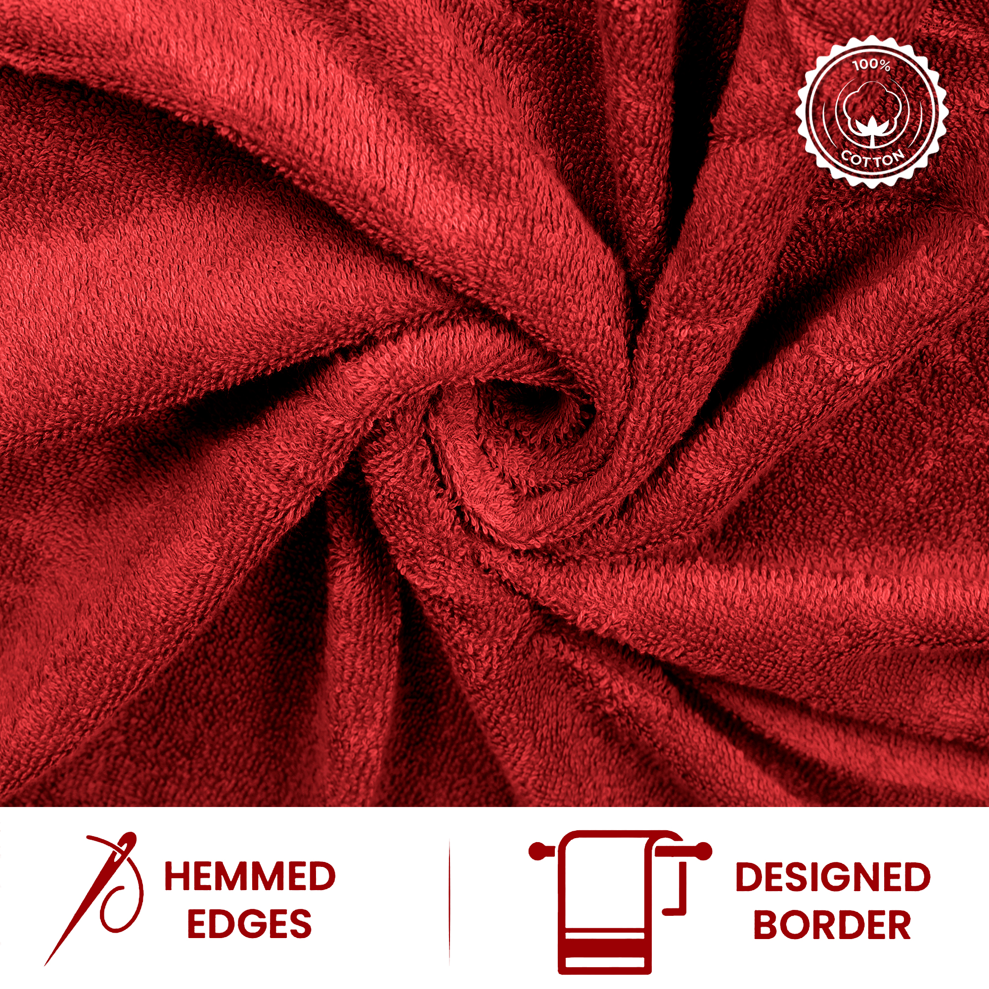 Casa Lino 8Pc Premium Bath Towel Set (2 Bath Towels, 4 Washcloths, 2 Hand Towels) - 100% Cotton, 400GSM & Ultra Absorbent (Red)