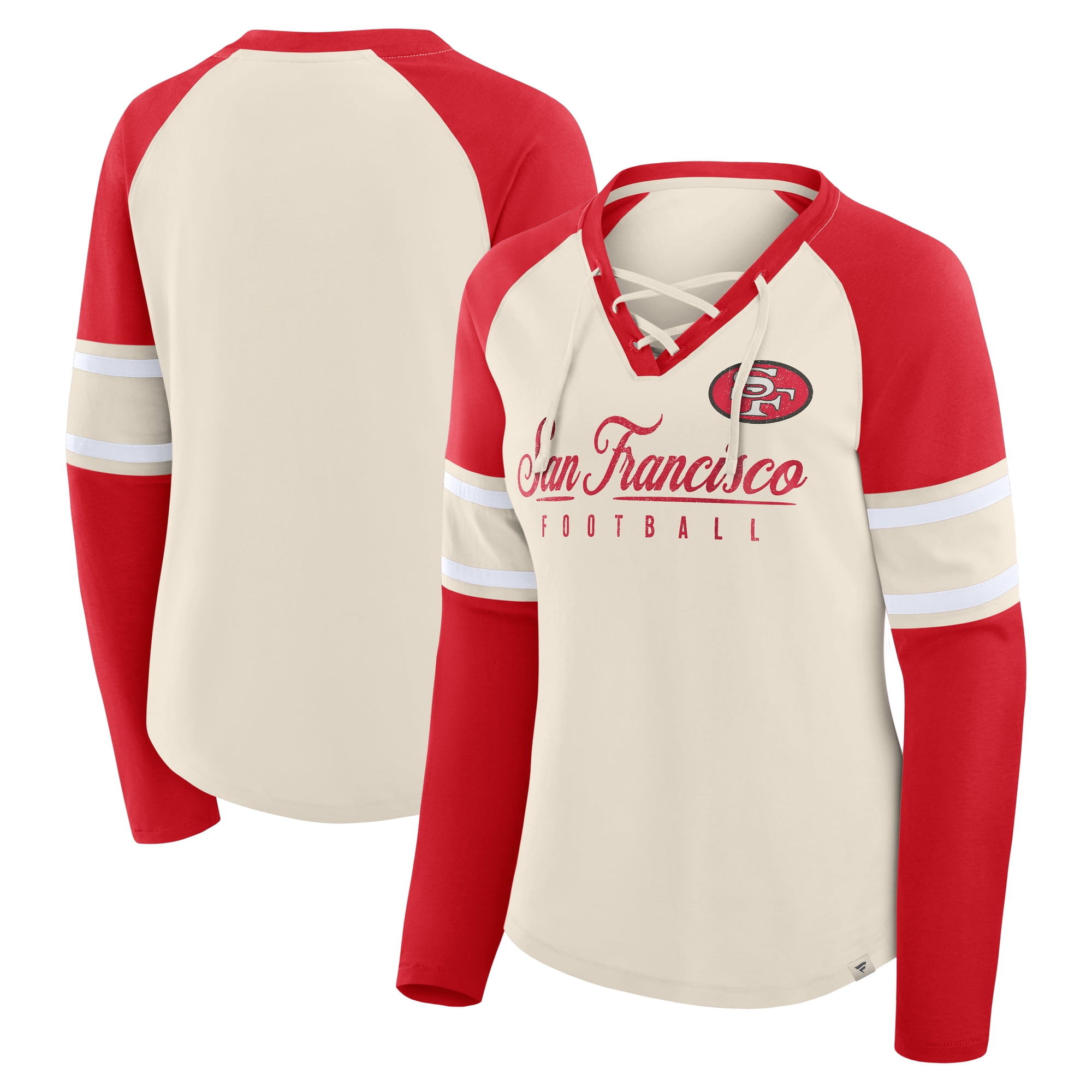 Women's Fanatics Cream/Scarlet San Francisco 49ers Hometown Gridiron Hero Raglan Lace-Up V-Neck Long Sleeve T-Shirt