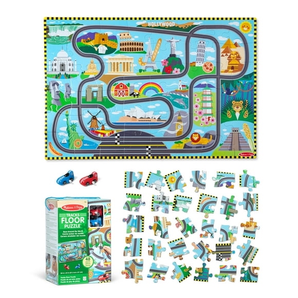Melissa & Doug Race Around the World Tracks Cardboard Jigsaw Floor Puzzle and Wind-Up Vehicles  48 Pieces, for Boys and Girls 4+ - FSC Certified