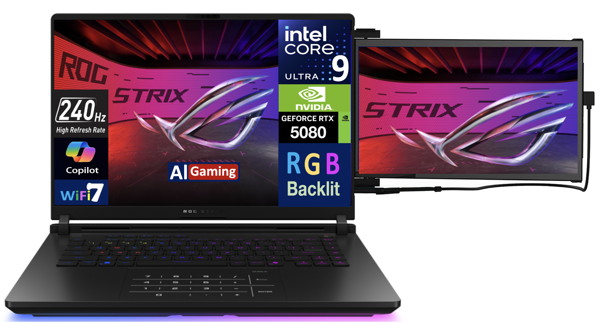 ASUS ROG Strix AI Gaming Laptop 16.0in 240Hz Mini LED WQXGA Display (Intel Ultra 9- 275HX, GeForce RTX 5080 16GB, 64GB DDR5, 2TB PCIe SSD, RGB KB, 2 Thunderbolt 5, Win 11 Pro) w/Duex Max DS Monitor