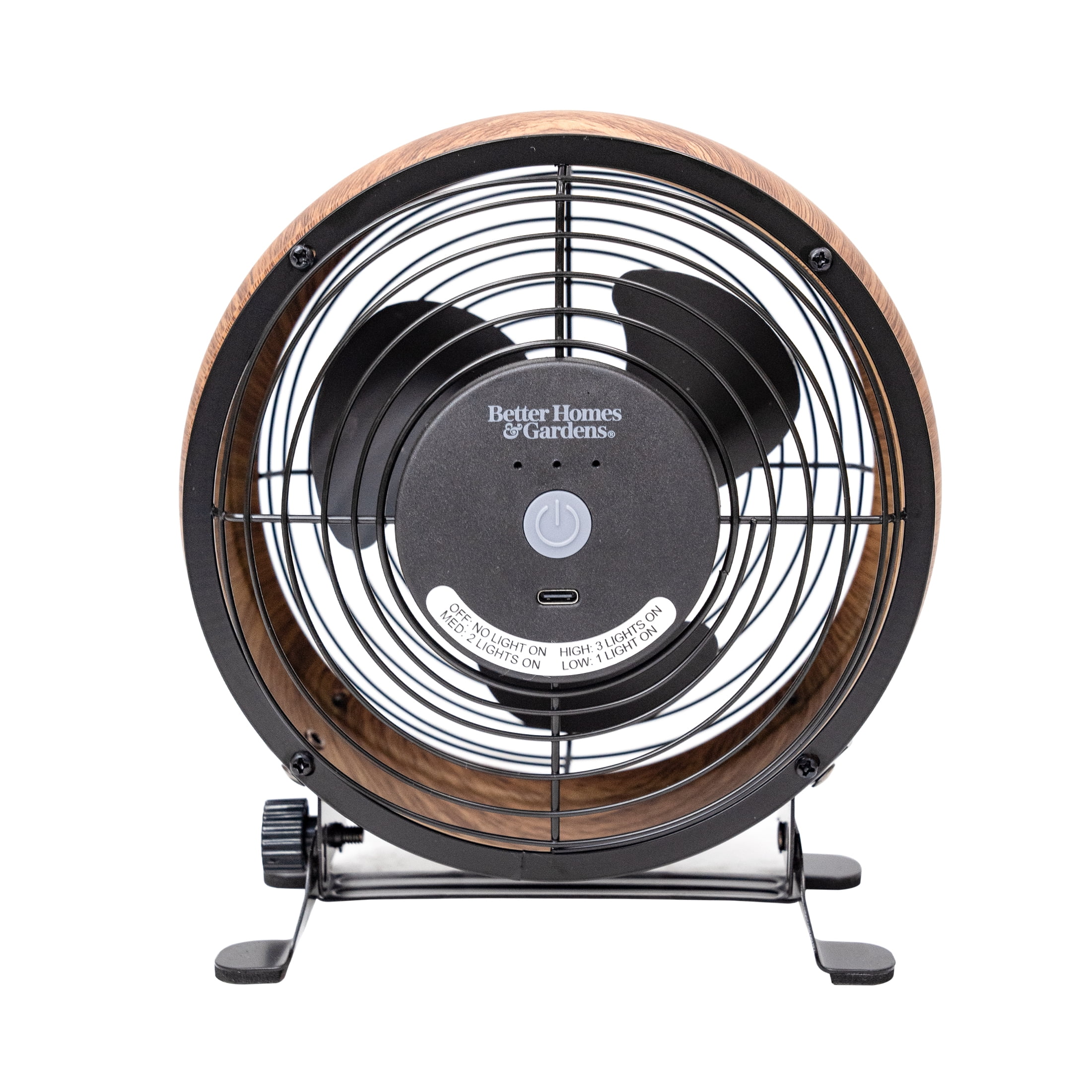 Better Homes & Gardens 5” Retro Small Fan with 3 Speed Settings, USB-C Plug, Adjustable Tilt, Vintage Fan for Home and Bedroom, Wood Grain