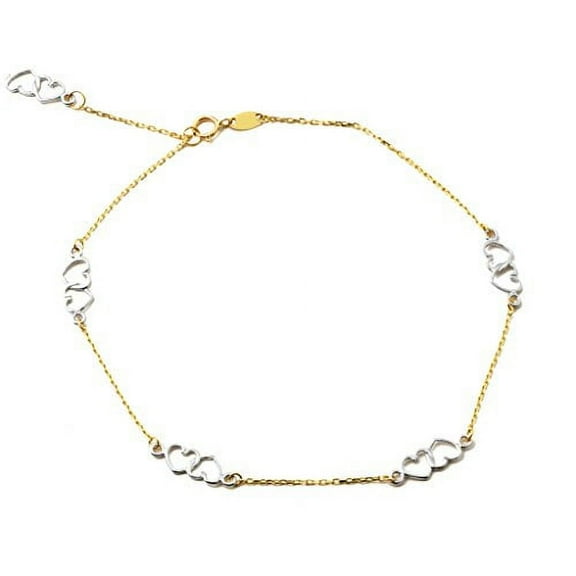 LoveBling 10K Yellow Gold .5mm Rolo Chain with White Twin Heart Charms Anklet Adjustable 9" to 10" (#48)