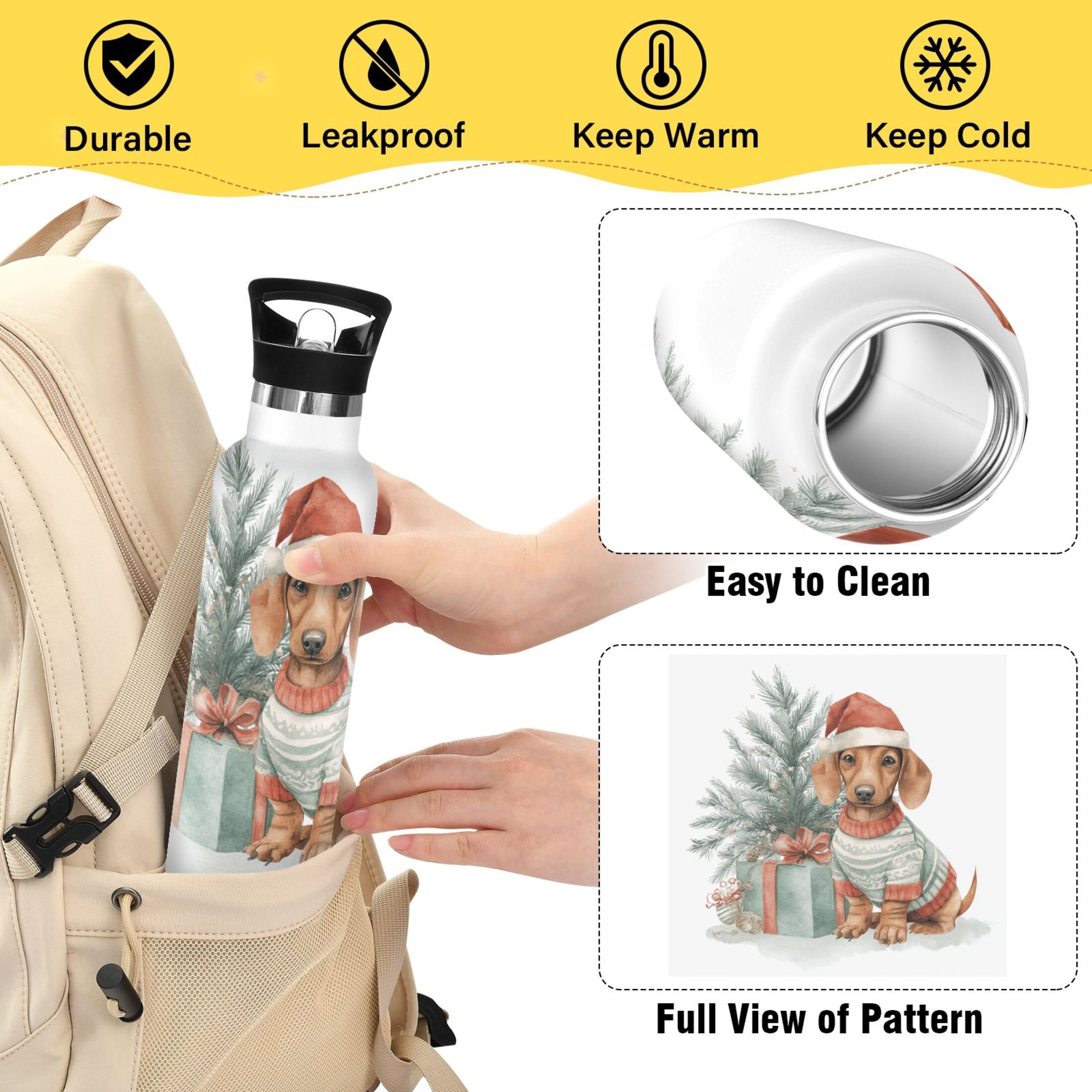 600ML Stainless Steel Insulated Cup Sports Water Bottle Portable Thermos Cup Water Glasses Insulated Tumblers Convenient and Durable Cartoon Christmas Dog