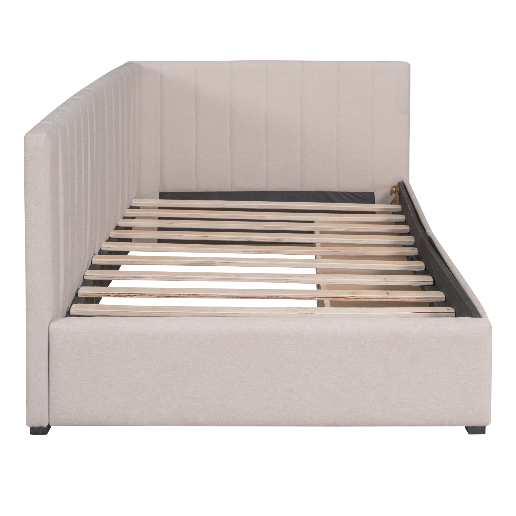 Clipeyh Classic Wood+Linen Upholstered Twin Size Daybed with 2 Storage Drawers Beige