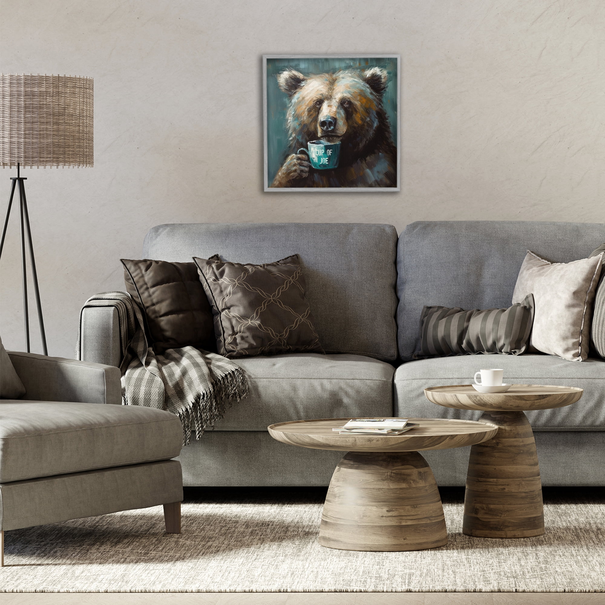 Stupell Industries Bear with Cup Of Joe Gray Framed Giclee Art, design by Tina LeCour