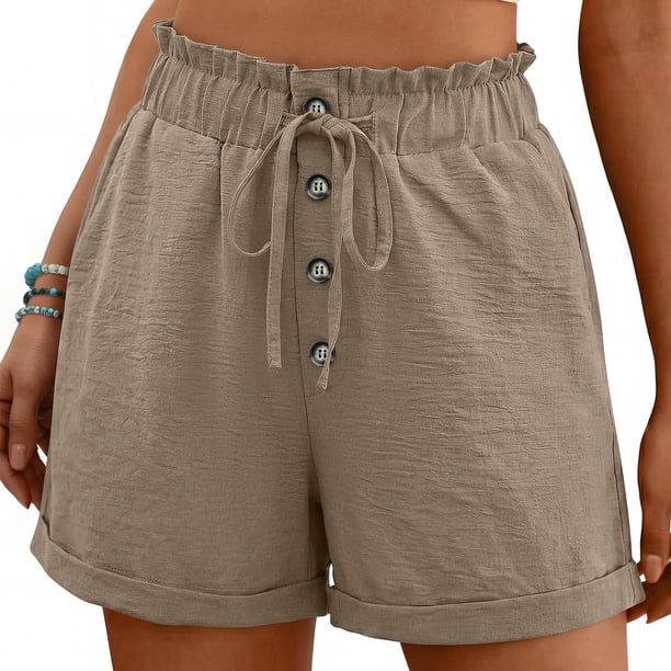 Pantalones Elásticos de Cintura para las Mujeres Bolsillo de Empalme de Encaje Pantalones Cortos Cómodos Casuales para las Mujeres Moda de Verano Primavera Y Verano
