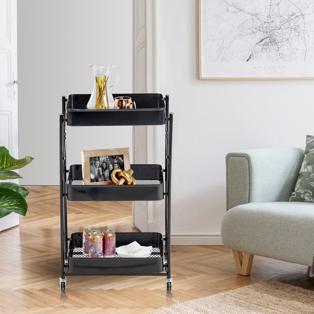 3Tier Mobile Space Saving Coffee Bar Trolley Service Cart with Mesh Basket, Metal Utility