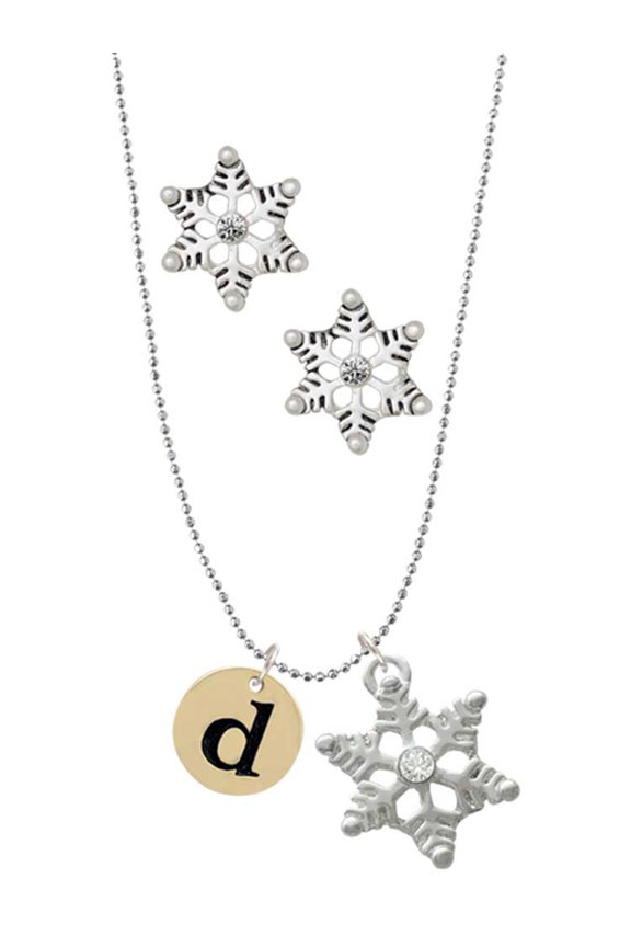 Goldtone Disc 1/2'' Initial - d - Silver tone Snowflake Charm Necklace and Stud Earrings