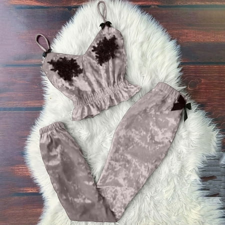 

MRULIC intimates for women Women VNeck Eyelash Beaded Stain Camisole Pajamas Bowknot Pants Set Grey + 3XL