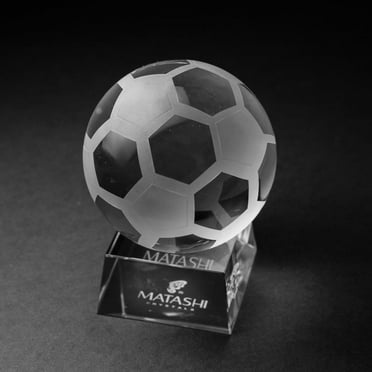 Crystal Paperweight with Etched Soccer Ball Ornament and Trapezoid Base by Matashi