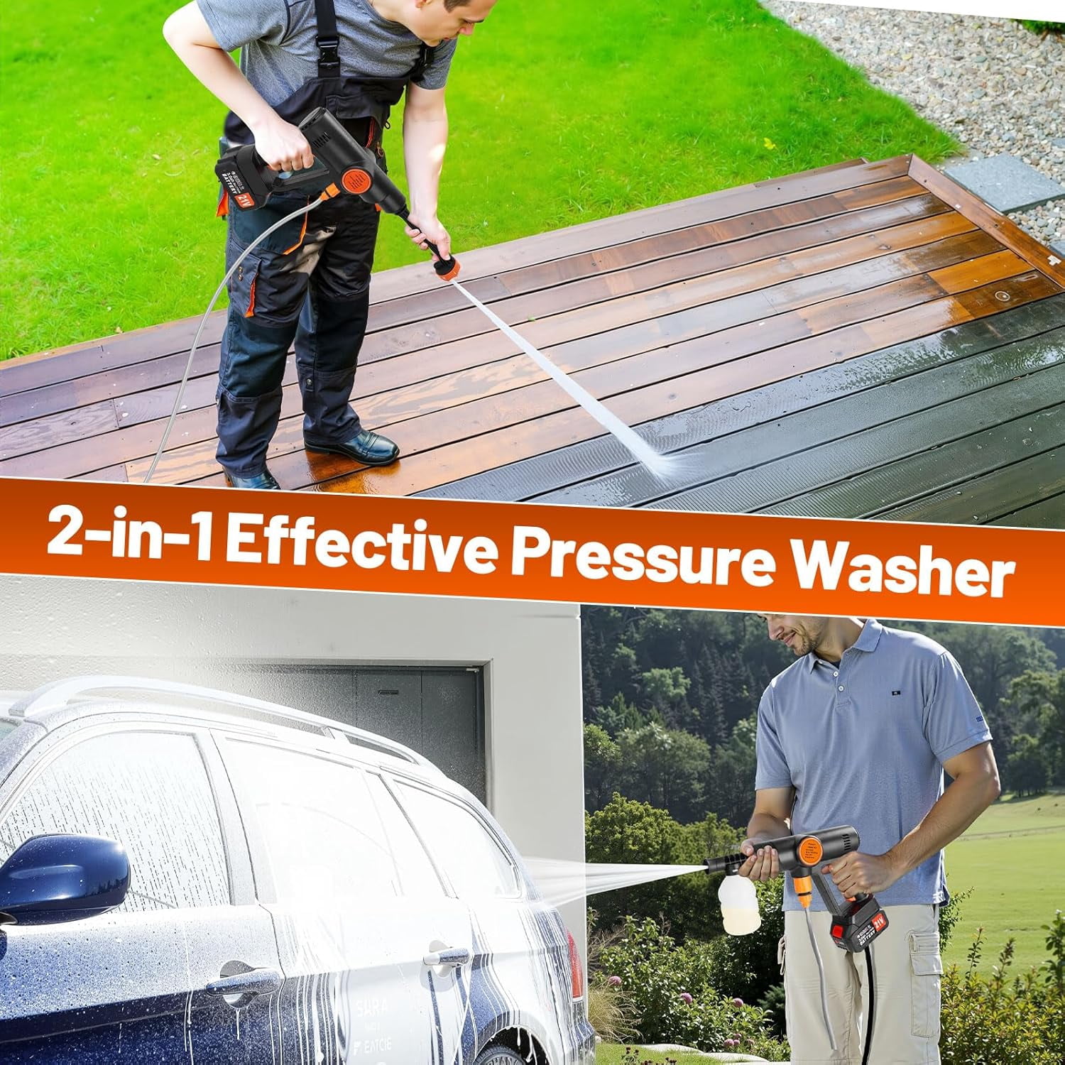 Tanbaby 970PSI Cordless Pressure Washer, 550W 1.5GPM Portable Power Washer with 6-in-1 Adjustable Nozzle, 2×3.0Ah Battery Power Cleaner with 16.4ft Hose for Cars/Patios