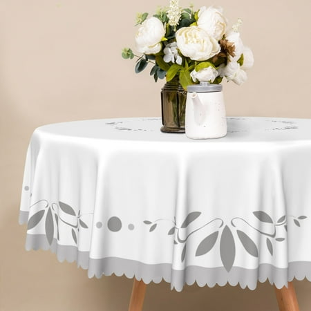 

MIZHONA White Round Tablecloth Gray Leaves Table Cloth for Kitchen Party Outdoor Decor，60