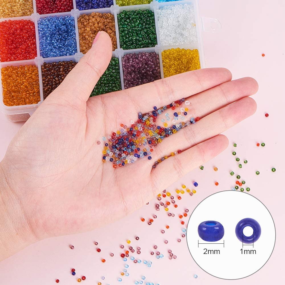 PH 21000pcs Glass Seed Beads 15 Color 12/0 Transparent Waist Beads 2mm Mini Beads Craft Pony Waist Beads for Bracelets Earrings Necklaces Jewelry Making colorful DIY