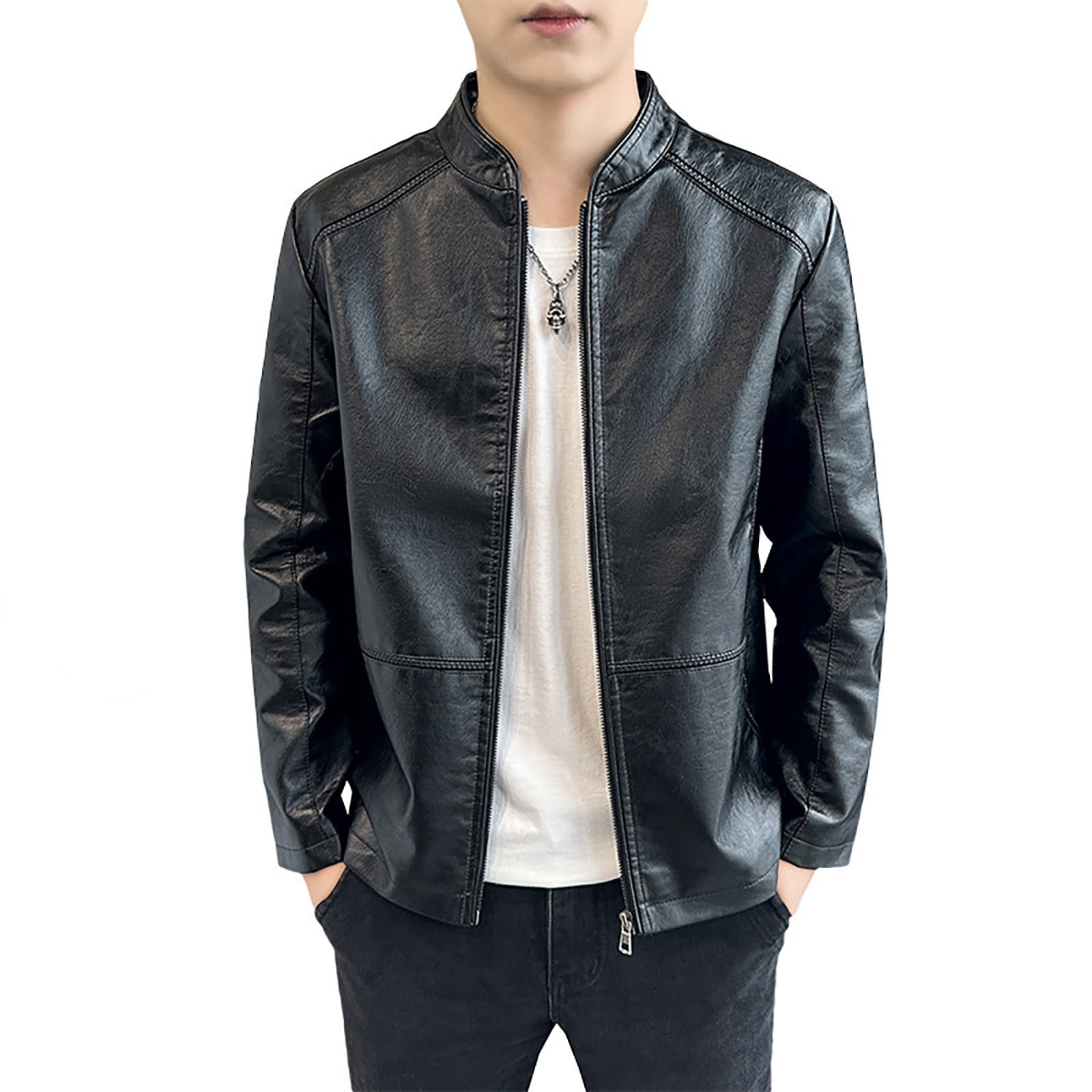 Pisexur Faux Leather Jacket Men Men's Stand Up Collar Business