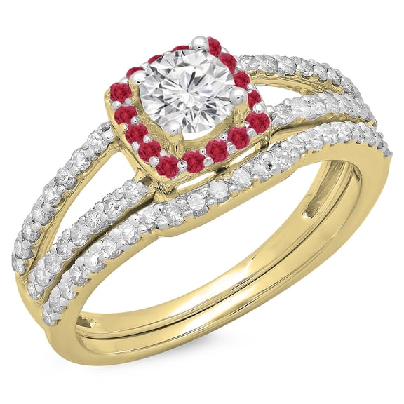 Dazzlingrock Collection 14K Round Ruby & White Diamond Split Shank Halo Bridal Engagement Ring Set, Yellow Gold, Size 8.5