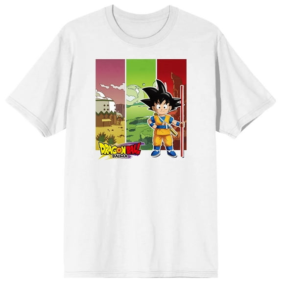 Dragon Ball Daima Son Goku Different Backgrounds Logo text on White Adult T-Shirt-XL