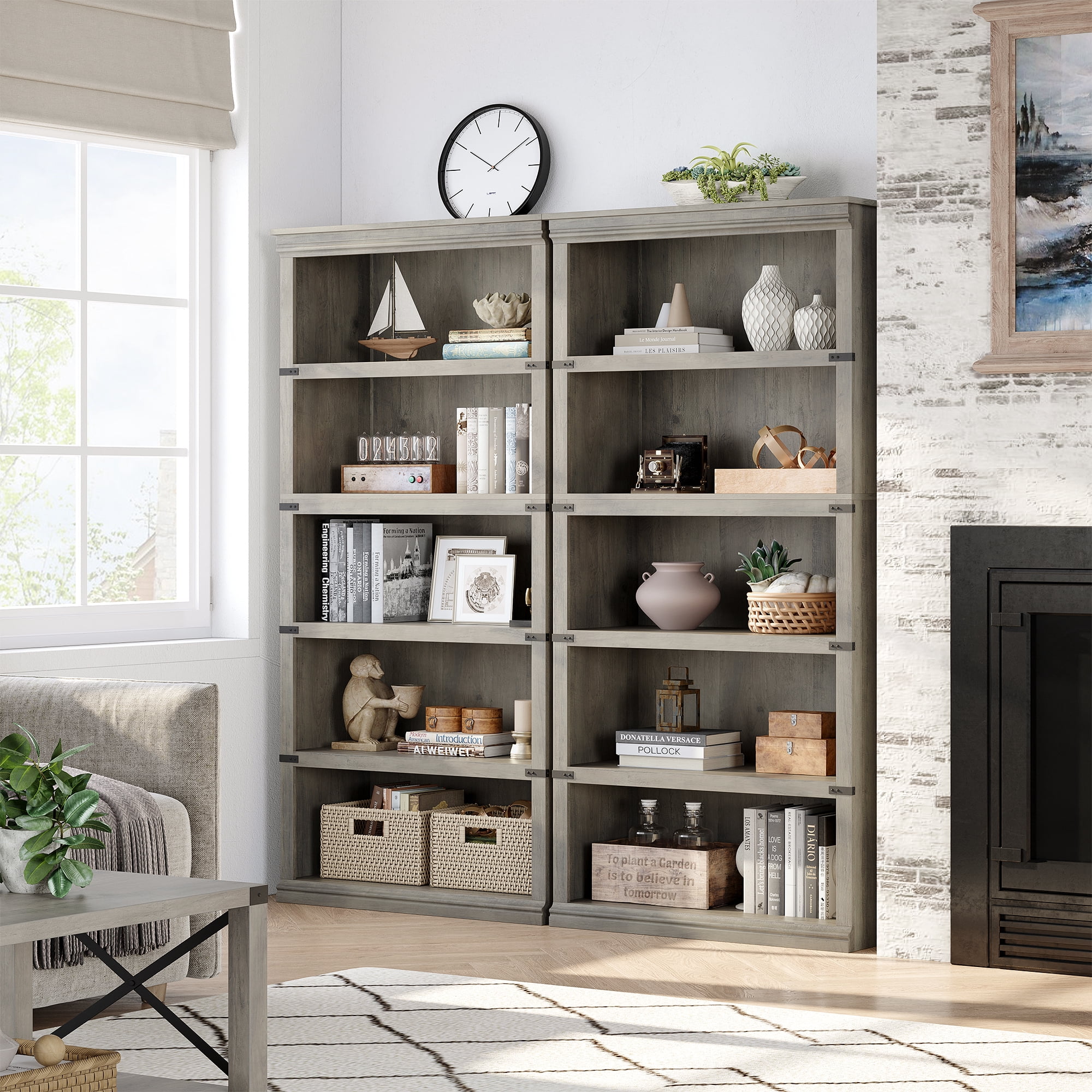 Aoile 5 Tier Farmhouse Bookshelf, 12.7" x 31.4" x 67.4" Heavy Duty Freestanding Bookcase, Bookshelves with Storage Open Display for Home Office, Living Room, Bed Room, Bathroom, Gray