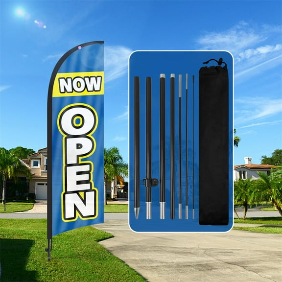 QSUM Now Open Themed Swooper Flag, 8.2FT Now Open Banner Feather Flag with Carbon Fiber Pole Kit/Ground Stake, Now Open Signs for Business Advertising