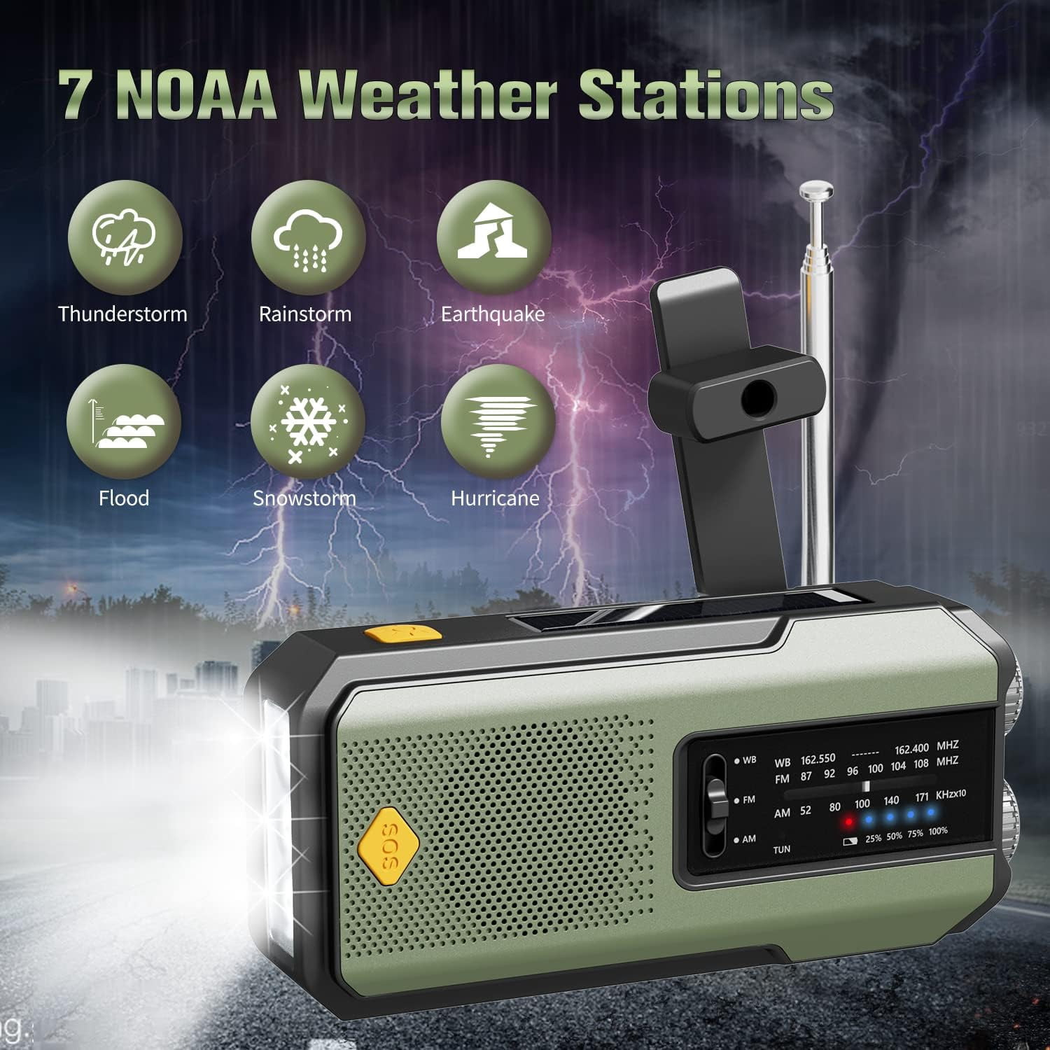 Newest Prociv Solar Emergency Wind Up Radio, Portable Hand Crank AM/FM Radio with SOS Alarm LED Torch, 2000mAh Rechargeable Power Bank USB Phone Charger Flashlight for Camping (Green)