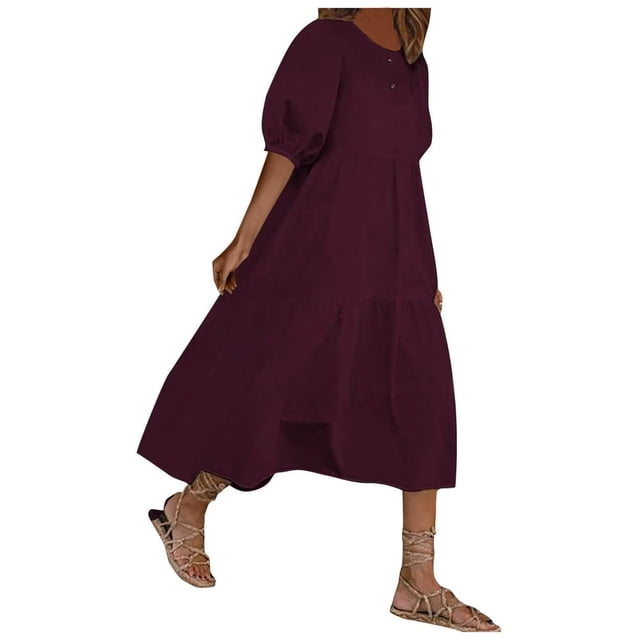 Robes Noires pour Femmes Mode Femmes Ample Couleur Unie Col Rond Manches Bouffantes Robe Décontractée Manches Courtes
