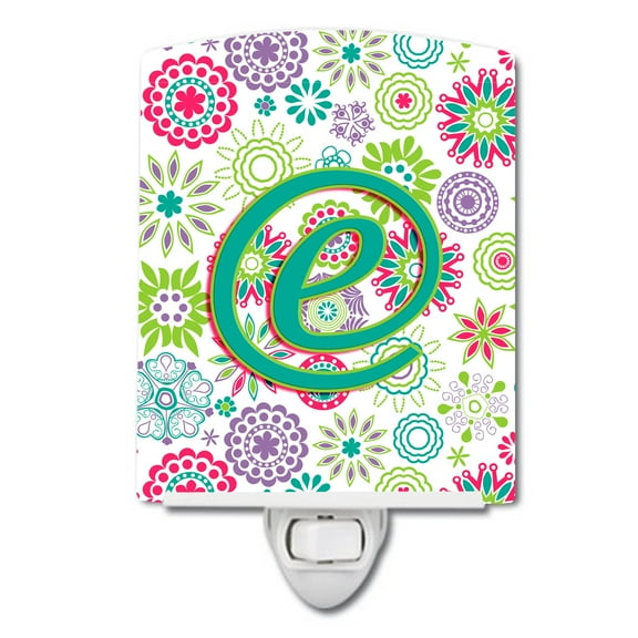 Caroline's Treasures CJ2011-ECNL Letter E Flowers Pink Teal Green Initial Ceramic Night Light, 6x4x3", multicolor