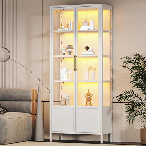 5-Tier Glass Display Cabinet with 13 Color Lights, 67” H Lighted Curio China Cabinet with 2 Glass Doors & Adjustable Shelves, Tall Metal Storage Cabinet Display Case for Collectibles-White