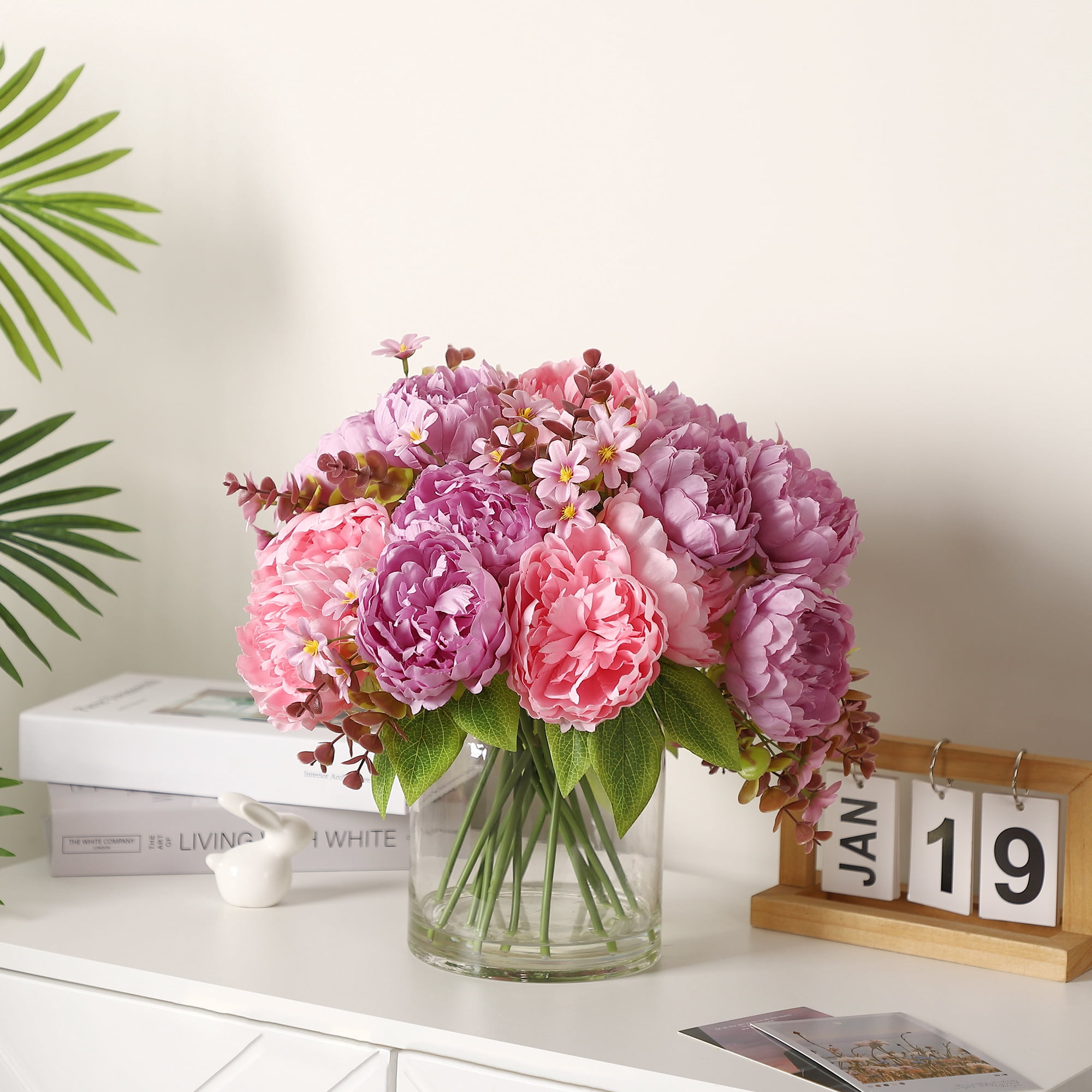 Silk Peony Bouquet in Glass Vase with Faux Water – Lifelike Artificial Flowers for Home Decor, Wedding Table Centerpiece – Mixed Arrangement，Pink