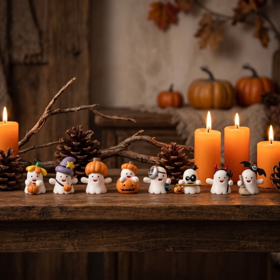 8-Pack Halloween Pumpkin Ghost Bat Spider Black Cat Figurine Set, 2026 Fall Spooky Party Decor, Mini Model Ornament for Home Tabletop Shelf Display