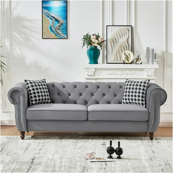 JERFIT Modern Chesterfield Velvet Sofa 3 Seater Couch with Rolled Arms and Nailhead Trim for Living Room, Office, Apartment, Grey