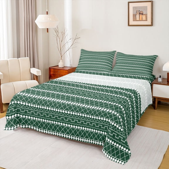 Feelyou Square Stripe Ombre Full Size Sheets, Green Abstract Lines Bed Sheets, 4 Pieces