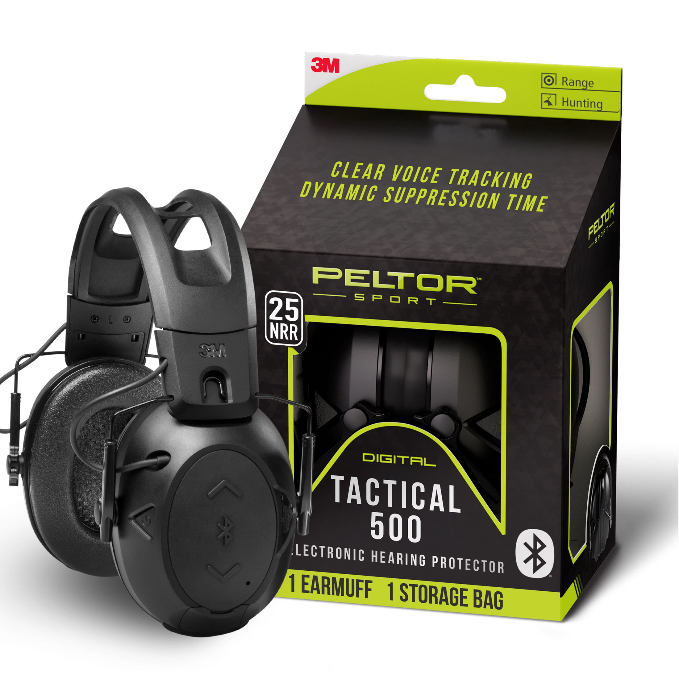 Peltor Sport Safety Bundle: Tri-Flange Earplugs 3 Pack, NRR 26 dB with Tactical 500 Electronic Earmuffs, Bluetooth, NRR 26 dB