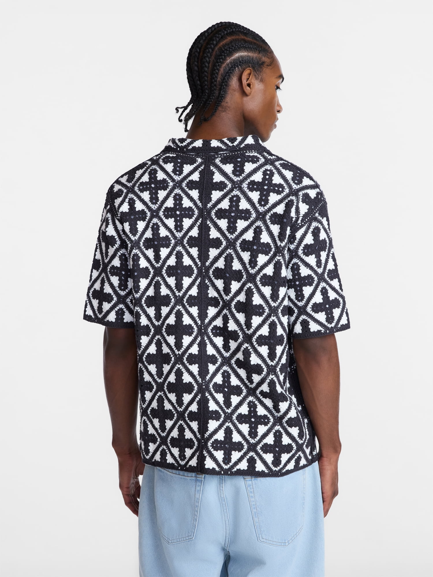 No Boundaries Men's Faux Crochet Deco Pattern Button Through Sweater Polo, Sizes XS-3XL
